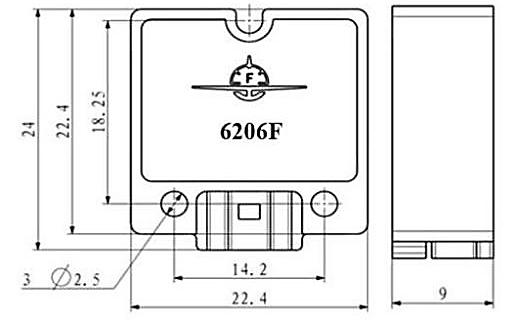 CA6206F outline drawing: front and side views with the body, thickness and mounting-hole dimensions marked in millimetres.
